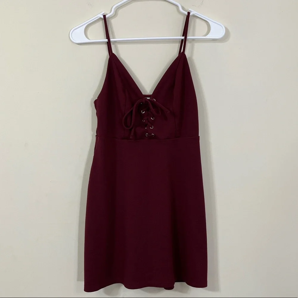 Urban Outfitters Ponte Lace Up Mini Dress in Burgundy - Picture 2 of 8